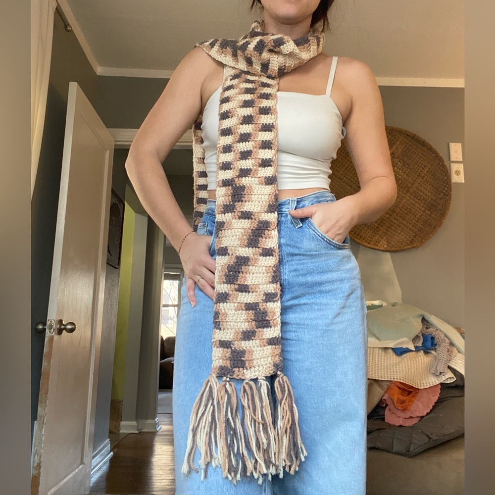 Handmade Tan, Gray, & Cream Crochet Knit Scarf with Fringe